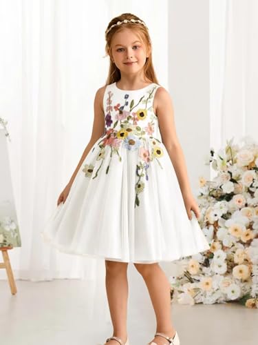 Tulle Applique Flower Girl Dress for Wedding Kids Embroidery Satin Short Princess Pageant Bowknot Prom Ball Gowns3