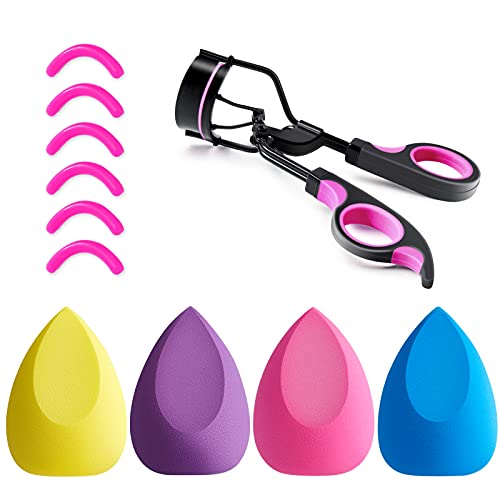 IYOCHO 1 pcs painless metal eyelash curler with 6 replaceable silicone pads, with 4 pcs makeup sponges beauty sponge blenders with 4 colors (1 eyelash curler+ 4 sponges+ 6 silicone pads)