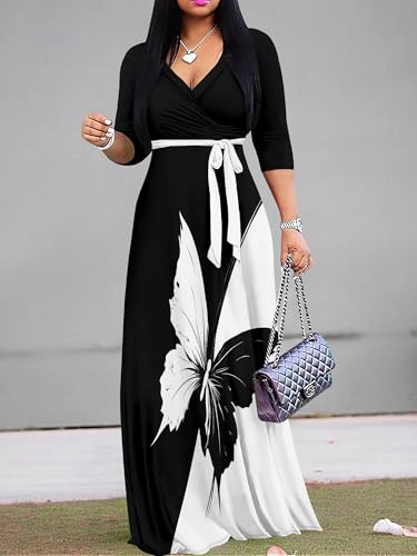 Image of PinkPatty Plus Size Maxi Dresses for Women Casual Flowy Long Dress 3 /4 Sleeve V Neck Wrap Dress with Belt