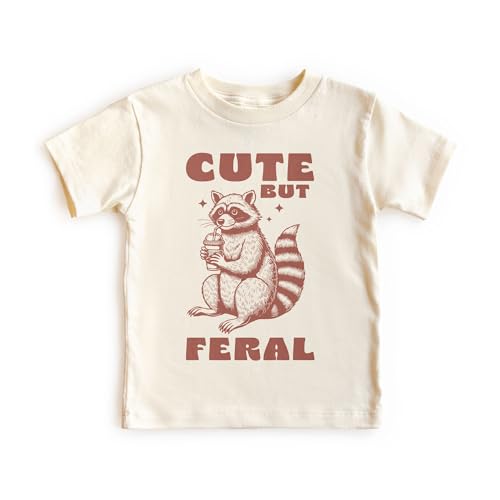 Kids Funny Vintage Raccoon Shirt - Cute But Feral Child Sarcastic Raccoon Pun Toddler & Youth Shirt - Natural Boys & Girls Graphic Tee