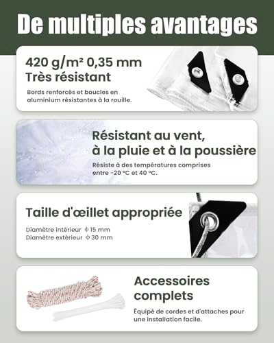 Bâche couverture clair 420g/m² feuille imperméable transparente renforcée - 3