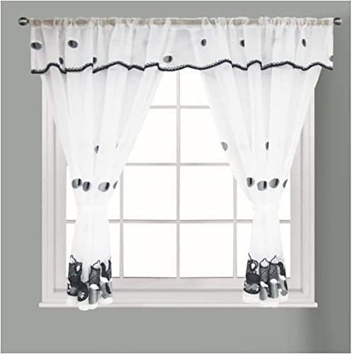 Householdfurnishing Embroidered Kitchen Window Pair Curtains Set Rod Pocket with Attached Valance & Tiebacks (Black White W 48 x L 36 Inch)