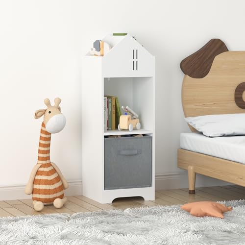 Tzou Estantería de casa de muñecas para niños con almacenamiento, estantería para niños, organizador de exhibición de almacenamiento de 2 niveles con 2 cajones de tela plegables para dormitorio de