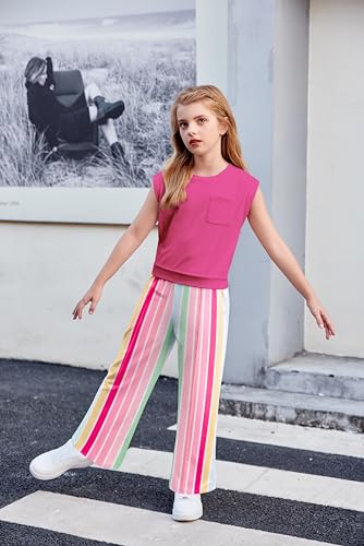 Image of Arshiner Girls Clothes 2 Piece Outfits Drop Shoulder Sleeve Top and Wide Leg Pants Set Trendy Clothing Size 6-14