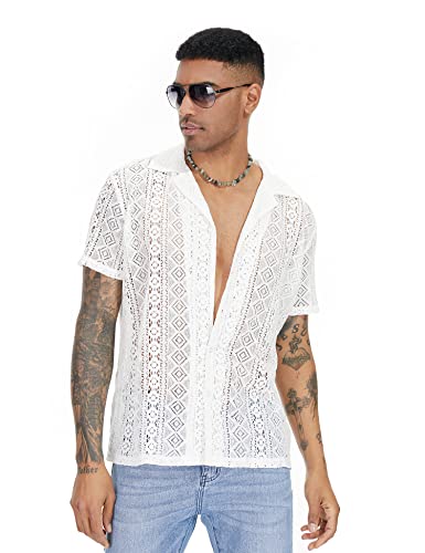 URRU Mens Floral Lace Shirt Short Sleeve Hollow Out Sheer See Through Casual Button Down Shirts3