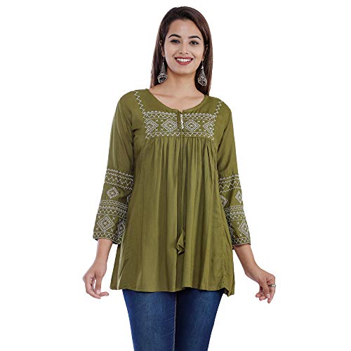 Image of Avayayat Short Kurti for Women | Embroidered Straight Rayon Kurta | Round Neck Full Sleeves Short Kurti for Women's