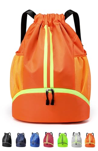 شنطة ظهر رياضية برباط سحب - شنطة رياضية للسباحة وصالة الالعاب الرياضية مع جيب للاحذية وجيب مقاوم للبلل للنساء والرجال، شنطة رياضية برباط سحب لكرة القدم وكرة السلة. (برتقالي)