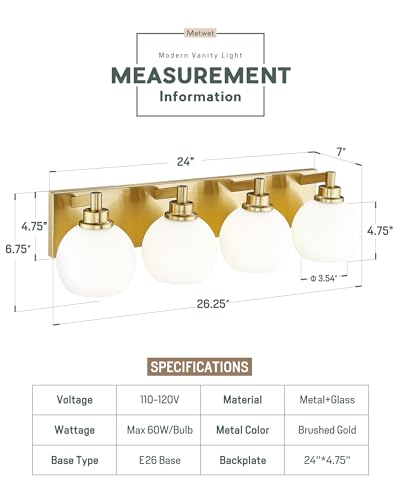 Image of Bathroom Light Fixtures, 4 Light Brushed Gold Vanity Light, 26 Inch Modern Wall Sconces with Globe Milk White Glass Shade, Vanity Lighting Fixtures Over Mirror, VL195-BG-ML-4