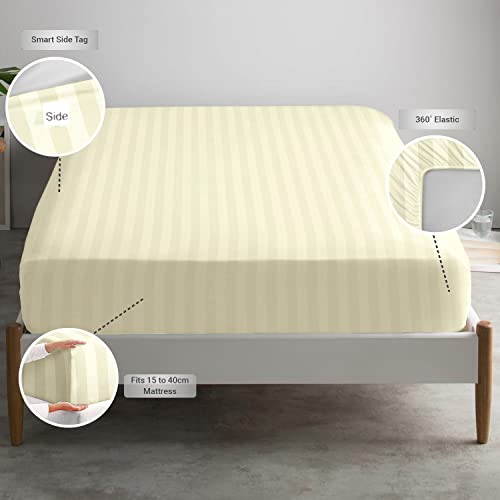 Cotton Cream Satin Stripe Fitted Bed Sheets Double, 300 Thread Count 100% Long Staple Cotton Fitted Sheet - Image 3