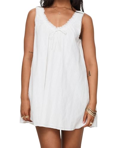 Image of Felcia Women Summer Y2K Mini Dress Square Neck Lace Trim Strap Swing Dress Floral Hollow Out Ruffle Hem Flowy Sundress (White C, S)