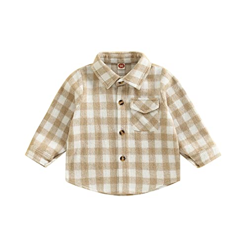 Image of Toddler Baby Boys Girls Flannel Plaid Jacket Long Sleeve Lapel Button Down Pocketed Shirts Coats Shacket Cardigan Tops