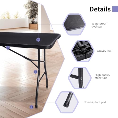 Image of Byliable Black 6ft Portable Folding Table - Heavy Duty Plastic Fold-in-Half Table for Indoor & Outdoor Use, Utility Dining, Camping, Picnic, Party