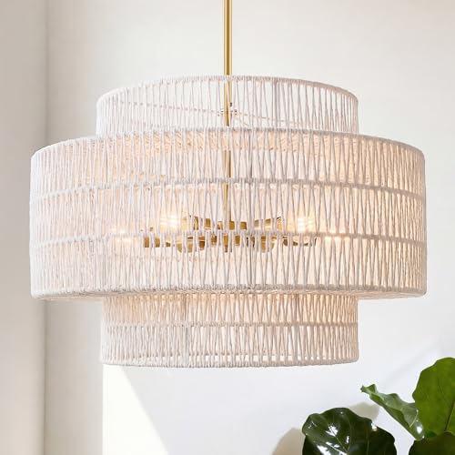Image of 24 inch Large Boho Rattan Chandelier, 3-Tier White Hand-Woven Shade | 6-Light Gold Dining Room Light Fixture, Pendant Lights for Living Room Bedroom, Adjustable Height, AD-25050-6P-WH