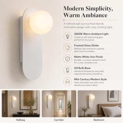 Image of Glass Globe Wall Sconce,White,Suit for Bedroom and Hallway | Ambient Lighting,Milk Glass Sphere Lampshade,Mid Century Modern Style,Hardwired Design,for Stairway and Corridor