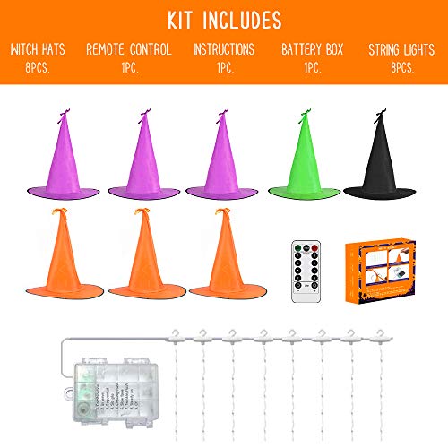 Halloween Decorations Outdoor - 8PCS IP67 Waterproof Hanging Witch Hat String Lights w Timer Battery Operated - Halloween Lights Outside Decor for Tree Porch Patio Garden Yard Party Home