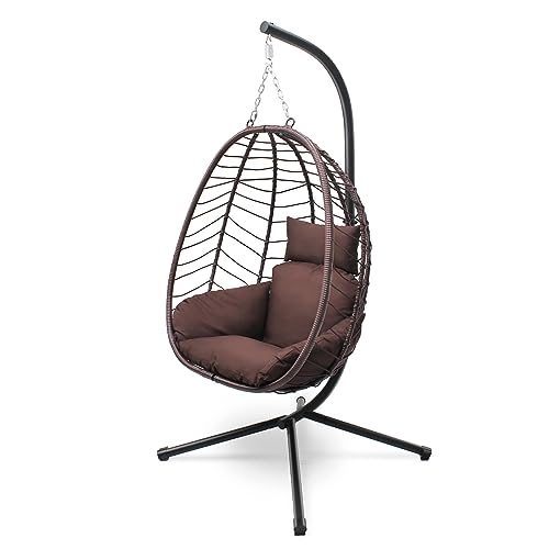Sumeture LY-Z-012BR-BR Hammock Chair With Stand Set And Soft Seat Cushions, Pillow, Foldable Wicker Rattan Hanging Egg Chair,Adjustable Height,Anti-Uv&Waterproof thumb #1