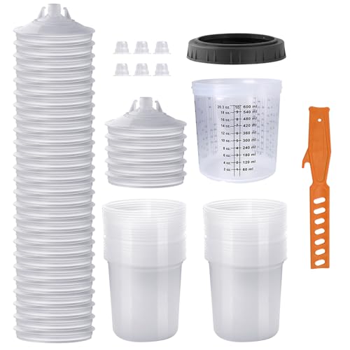 Einweg Farbmischbecher 20 Unzen (600ml) Set, Farbspritzpistole Mischbecher, für HVLP und LVLP Farbspritzpistolen mit 30 Bechern und Deckeln, 1 Hartbecher mit Haltering und 6 Verschlussstopfen (30)