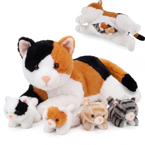 Image of Skylety 5 Pieces Cat Stuffed Animal with Babies Inside Belly Plush Cat Pregnant Mommy Kitty with 4 Cute Fluffy Stuffed Kittens Christmas Birthday Surprise Gifts(White, Yellow, Black)
