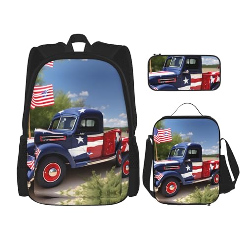 GFXEDSAH Juego de mochila de viaje con estampado de camiones patrióticos del 4 de julio, con lonchera aislada y bolsa de maquillaje, para senderismo y uso diario, Negro, Talla única