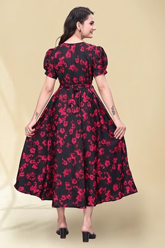 Image of Women's A-Line Crepe Maxi Dress | Stylish Fit and Flare Dress with Round Neck Short Puff Sleeves for Casual Wear