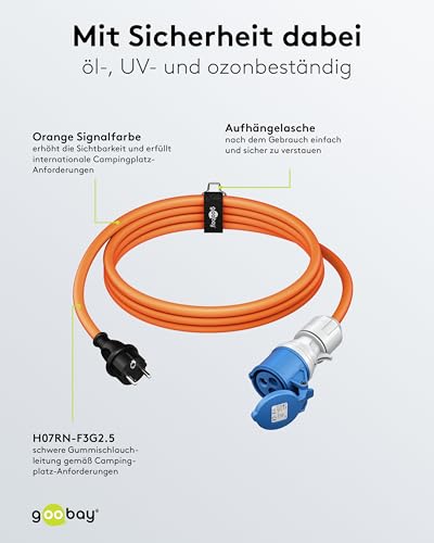 goobay CEE-Adapterkabel für Wohnwagen, 5 m, Schutzkontakt auf CEE-Buchse mit Verschlusskappe, IP44, Kabel für Camping, Wohnmobil und Wohnwagen, 76219