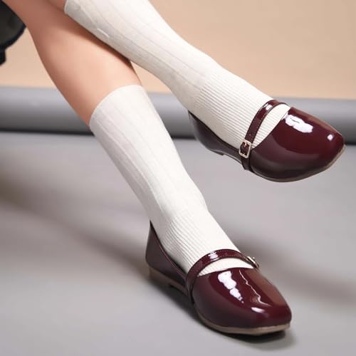 Image of Duosoft Women's Mary Jane Flats, Burgundy, Patent Leather, Square Toe, Buckle Strap