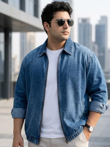 Image of Urbano Plus Men's Relaxed Fit Full Sleeve Harrington Denim Jacket