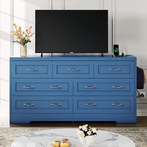 DWVO Farmhouse 7 Drawer Dresser for Bedroom, 31.5 Inch Tall Modern Dresser TV Stand with Large Drawers & Bar Handles, Storage Dressers with Power Outlets, Rustic Wood Chest of Drawers, Blue