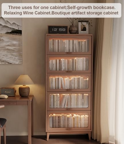 Image of Solid Wood Bookcase 5 Tier Bookshelves with Tempered Glass Flip-Up Doors 72Hx13.7Dx32W inch Brown Finish Cube Storage Organizer, Bookshelf Versatile Pantry Cabinet with Storage for Kitchen Home Office