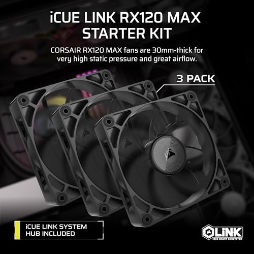 Image of CORSAIR iCUE Link RX120 MAX 120mm PWM Thick Fans with iCUE Link System Hub - High-Static Pressure - Liquid Crystal Polymer - Magnetic Dome Bearing - Triple Pack - Black