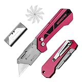 WORKPRO Box Cutter, Utility Knife Quick Change Blade Razor Knife, Folding Pocket Knife with Belt Clip and Axis Lock, 10 Extra Blades Included, Pink