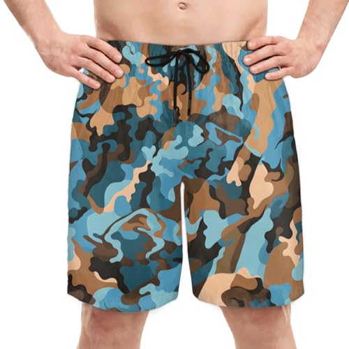 Men's Swim Trunks Size S Camouflage Blue with Mesh Lining Soft Breathable Quick Dry Beach Shorts Yellow Brown