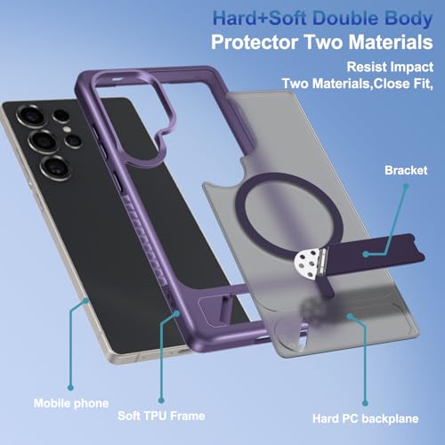 RMOCR for Samsung Galaxy S25 Ultra Case with Screen Protector+Lanyard Wrist Strap,Magnetic Translucent Matte Rugged Slim Phone Cover Built in Invisible Kickstand [Fit for MagSafe],2025 Purple by RMOCR - Used condition - Image 8