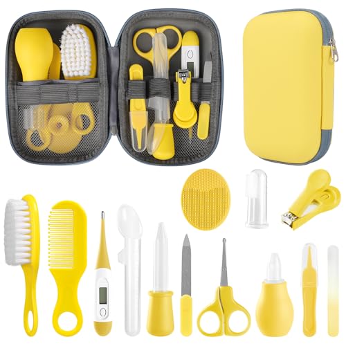 Image of Baby Grooming Kit, Infant Safety Care Set with Hair Brush Comb Nail Clipper Nasal Aspirator,Baby Essentials Kit for Newborn Girls Boys (Yellow)