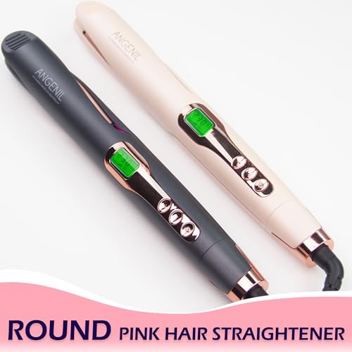 ANGENIL Pro Plancha de pelo Twist para mujer, 2 en 1, redonda, rosa, de doble voltaje, con alfombrilla de silicona resistente al calor, calentamiento rápido de 20 segundos y pantalla LCD.