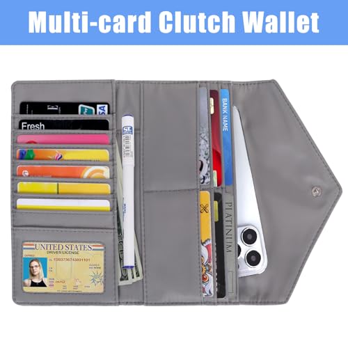 Envelope Card Wallet for Women and Men Ultra Slim Credit Card Case with Zip Coin Pocket 13 Card Slots 1 ID Window, Gray2