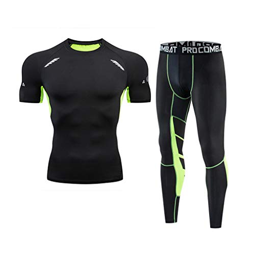 Rikay Mens Compression Set, Short Sleeve T Shirt Sport Leggings Fitness Shirt Tights Set Base Layer for Running Cycling Green