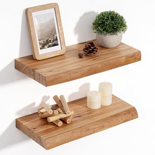 Image of Floating Shelves for Wall, Rustic Solid Elm Wood Live Edge Floating Shelves Wall Mounted, Wall Shelves with Invisible Bracket for Living Room Bedroom Bathroom Kitchen, 15.7 Inch Set of 2, Natural