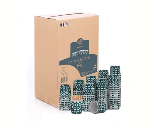 Caramont,500 Vasos Carton Desechables para Café Espresso de 4 onzas 110 ml con agitadores de madera, ecológicos y desechables, resistentes al calor