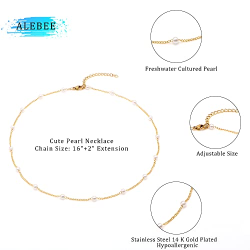 Gold Dainty Necklace For Women Gold Plated Cute Tiny Pearl Necklace Simple Pearl Choker Stainless Steel Gold Chain Necklace Gifts For Wedding Birthday Christmas #TOP4