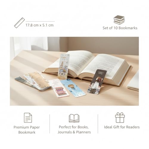 Image of CJ'S Book Marks | Bookmarks for Books Aesthetic | Set of 10 (7 x 2 INCHES) with Free Sticker | Book Marks Aesthetic | Paper Bookmark | Gift for Him /Her, Designer's Multi-Color