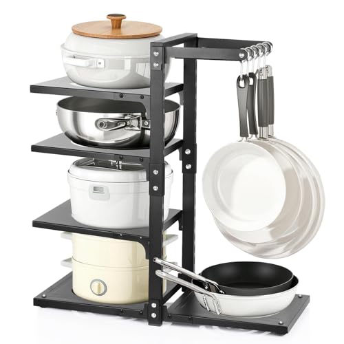 CASONNIK Étagère de rangement à 4 niveaux pour casseroles et poêles, armoire de cuisine réglable avec crochets, métal noir, support pour ustensiles de cuisine peu...