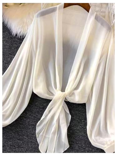 Women's Tie Front Chiffon Blouses Long Lantern Sleeve See Through Dressy Casual Shirts Cardigan