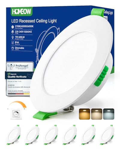 HOMEOW Faretti LED da Incasso per Cartongesso Dimmerabili 7W 600LM, Luce Calda 2700K Luce Naturale 4000K Luce Fredda 6000K, Faretto da Incasso per Bagno IP44, Foro Ø75-90mm, Set di 6