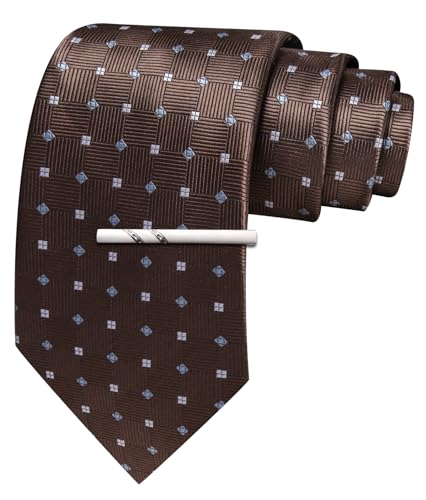 Image of Barry.Wang Plaid Ties Mens Silk Necktie and Tie Clip Checkered Tie for Wedding Party Business Formal