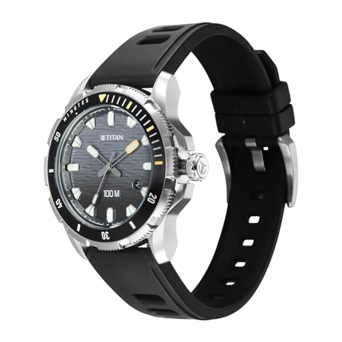 Image of Titan Zero Hour Diver's 100m Analog with Black Dial Black FKM Strap Watch for Men - 10067KP01
