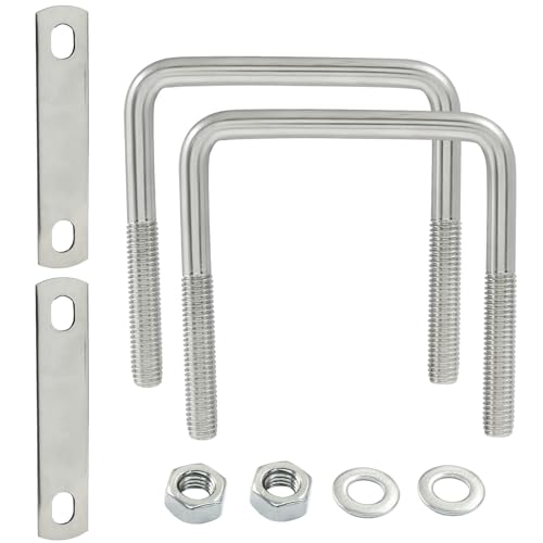 Image of 2 Stainless Steel Square U-Bolts, Inner Width 2.5 inch(65mm), Length 3.1 inch(80mm), M8 304 Stainless Steel with Frame Plates and Nuts for Light Industry, Metallurgy, Construction, Shipping