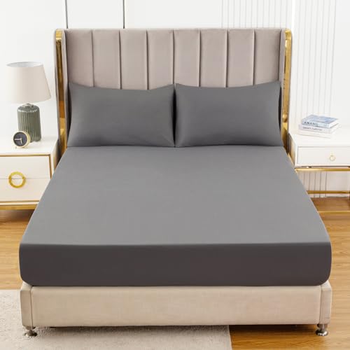 Soifox Double Fitted Sheets 40 cm Extra Deep Pocket Dark Grey Bed Sheets 16 inch - Image 2