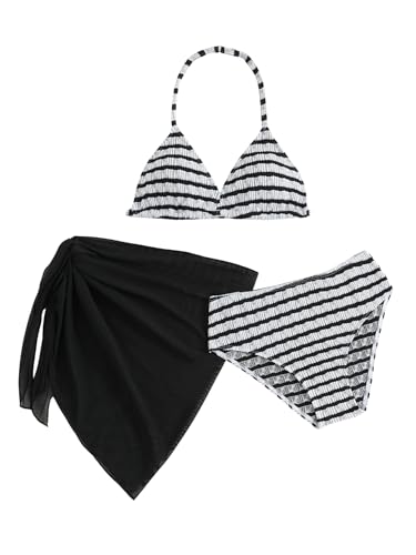Image of SEGT Girl's 3 Piece Striped Bikini Swimwear Cute Swimsuits Bathing Suit High Waisted with Cover Up Beach Skirt