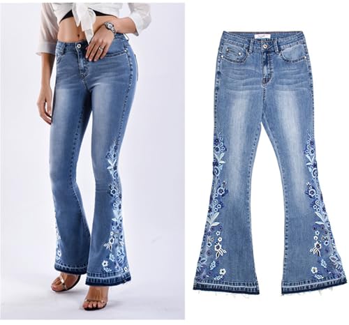 Andongnywell Womens Floral Embroidered Bell Bottom Jeans Chic High-Rise Printed Flare Jeans Long Denim Pants3